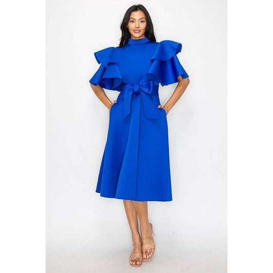 DOUBLE LAYER RUFFLED SLEEVE MIDI DRESS
