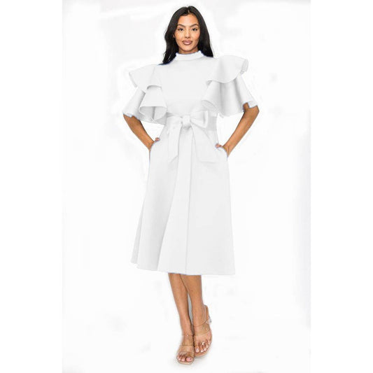 DOUBLE LAYER RUFFLED SLEEVE MIDI DRESS